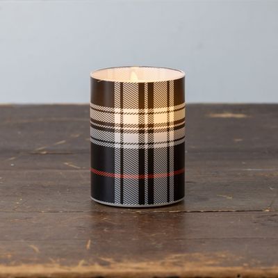 Black &amp; White Tartan 3D Flame Glass Candle 4”