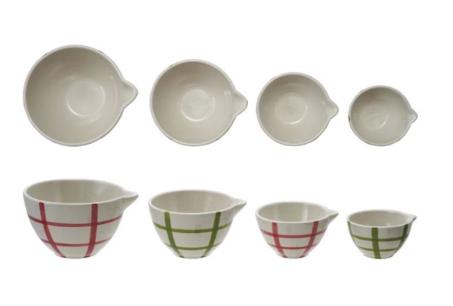 Hand-Painted Stoneware Prep Bowls with Grid Pattern, Set of 4