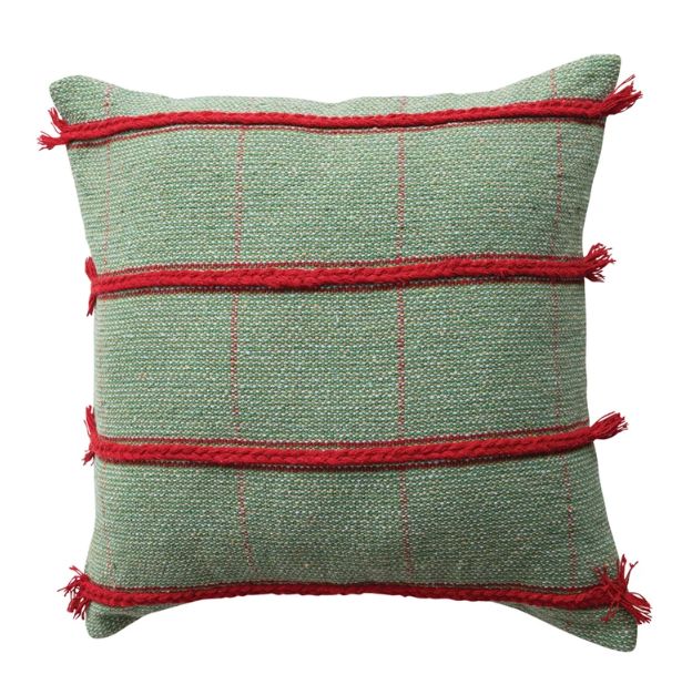 Square Pillow with Braided Embroidery, Grid Pattern &amp; Fringe