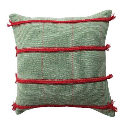 Square Pillow with Braided Embroidery, Grid Pattern &amp; Fringe, 20”x20”