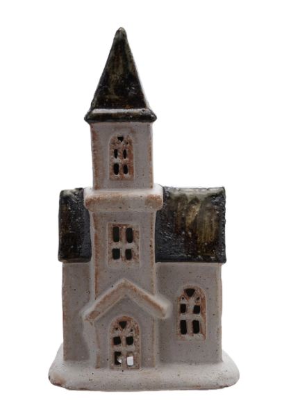Stoneware House, Reactive Glaze, White &amp; Brown, 5-1/4&quot;L x 3&quot;W x 9-1/2”H