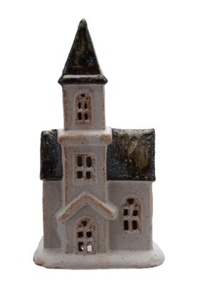 Stoneware House, Reactive Glaze, White &amp; Brown, 5-1/4&quot;L x 3&quot;W x 9-1/2”H