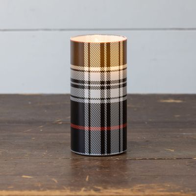 Black &amp; White Tartan 3D Flame Glass Candle 6”