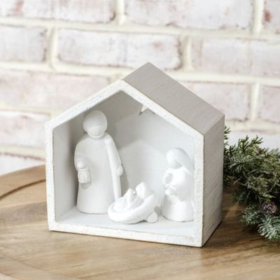 White &amp; Gold Brush Cement Nativity Scene
