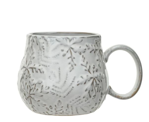 Embossed Stoneware Mug w/ Snowflakes, Reactive Glaze, 16 oz.