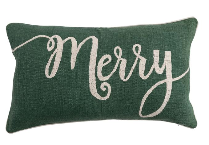Cotton Slub Lumbar Pillow with Embroidered &quot;Merry&quot;, Green &amp; Natural, 24&quot;L x 14”H