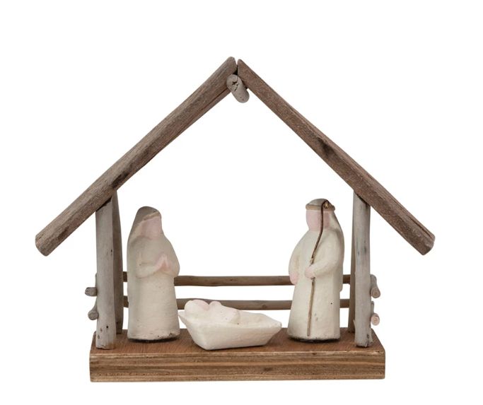 Handmade Driftwood &amp; Paper Mache Nativity with Wood Base, 8-1/2”L x 3”W, 7”H