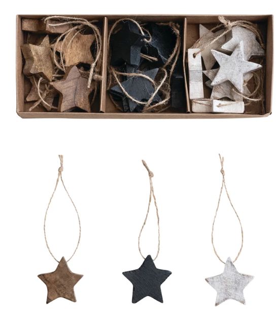 Mango Wood Star Ornaments with Jute Hangers, Boxed Set of 24