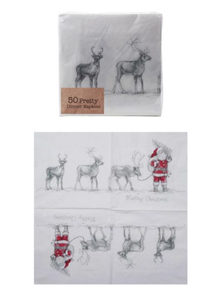 Paper Napkins with Santa Leading Reindeer Image (50 Folded Pieces), 6-1/2”x6-1/2”