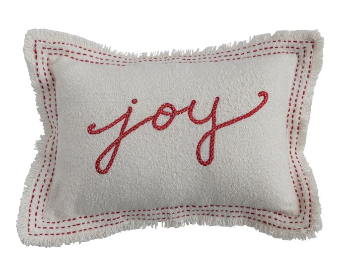 Woven Cotton Blend Textured Lumbar Pillow with Embroidery &amp; Fringe “Joy”, 18&quot;L x 12&quot;H