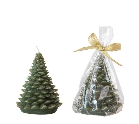 Evergreen Unscented Tree Shaped Candle w/ Gold Tips