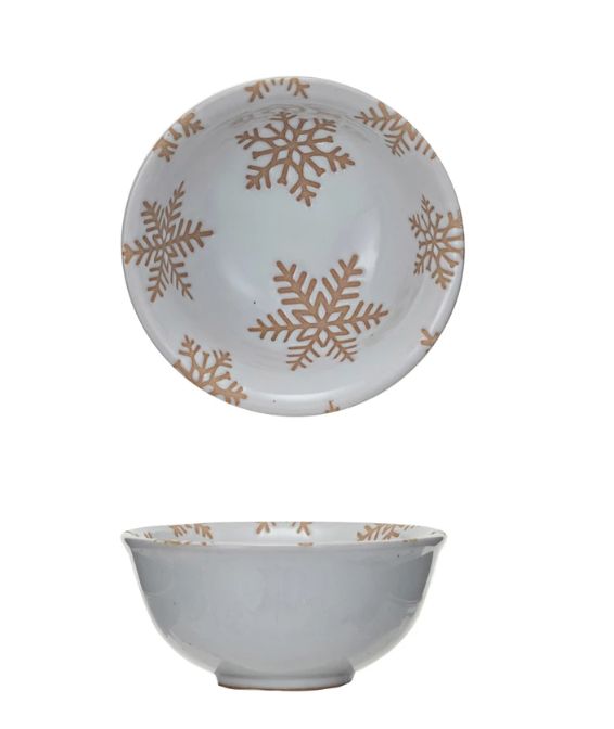 Stoneware Bowl w/ Wax Relief Snowflakes, Reactive Glaze, White, 3-3/4” Round x 1-3/4” H