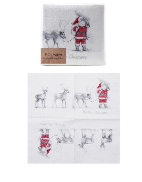 Paper Cocktail Napkins with Santa Leading Reindeer Image (50 Pieces), 4”x4”