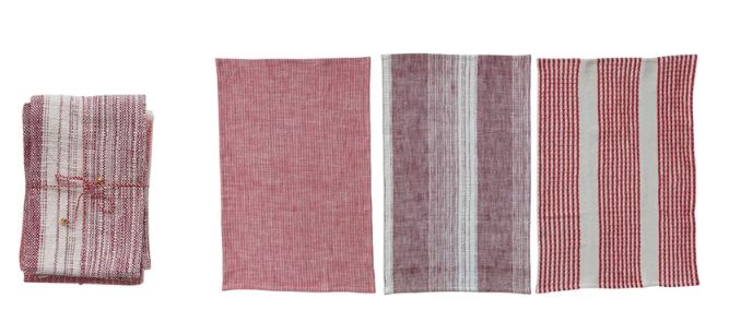 Woven Tea Towels with Patterns, Tied with Twine &amp; Jingle Bell