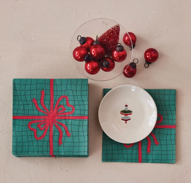 Paper Napkins with Bow, Green &amp; Red (Contains 50 Folded Pieces), 6-1/2” x 6-1/2&quot;