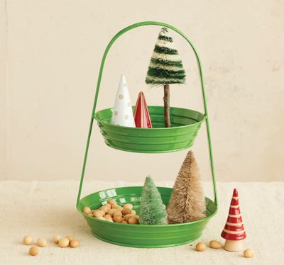Decorative Metal Ribbed 2-Tier Tray, Green, 10&quot; Round x 14-3/4”H