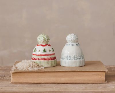 Stoneware Hat Shaped Salt &amp; Pepper Shakers, Set of 2