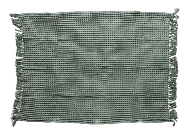 Waffle Weave Throw with Fringe, Green, Tied with Kraft Paper &amp; Tape, 60&quot;L x 50”W