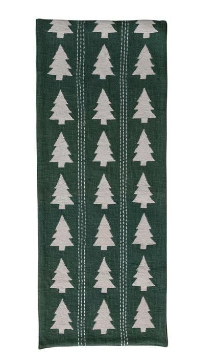 Table Runner with Trees Pattern, Embroidery &amp; Stitching, Green &amp; Natural, 72&quot;L x 14”W