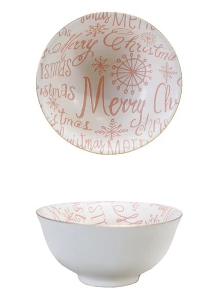 “Merry Christmas” Stoneware Dish, Pink &amp; White with Gold Color Rim