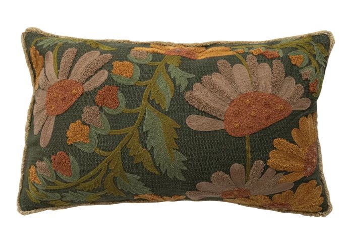 Cotton Slub Embroidered Pillow with Flowers, Fringe &amp; Chambray Back, 24&quot;L x 14&quot;H