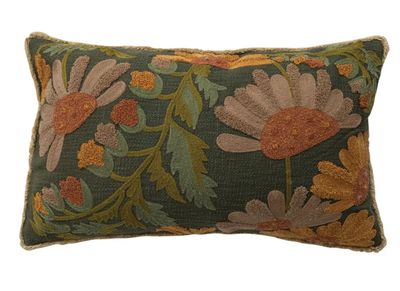 Cotton Slub Embroidered Pillow with Flowers, Fringe &amp; Chambray Back, 24&quot;L x 14&quot;H