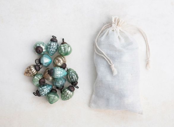 Green Embossed Mercury Glass Ornaments in Muslin Bag, 1”H, Set of 36