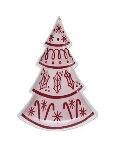 Tree Shaped Stoneware Plate, Pink, Red, &amp; White, 8” x 5-3/4”