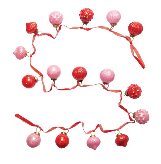 Pink Embossed Recycled Mercury Glass Ornament Garland with Velvet Ribbon
