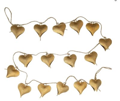 Metal Heart Shaped Bell Garland with Jute Cord, Gold Finish, 72”