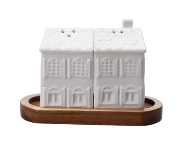 Stoneware House Shaped Salt &amp; Pepper Shakers with Wood Tray, Set of 3
