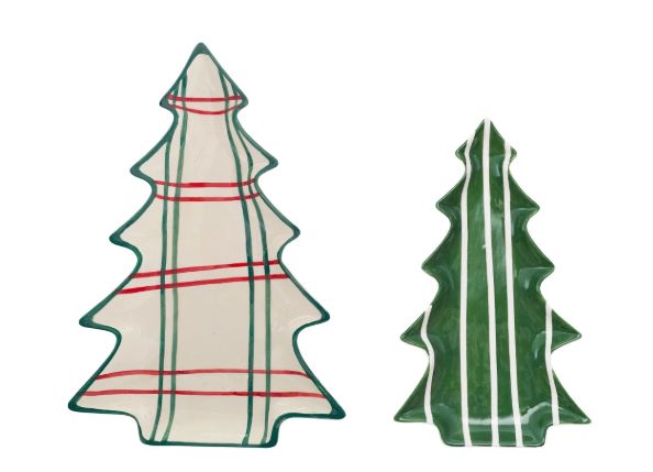 Ceramic Tree Shaped Plates with Stripe Patterns, Set of 2
