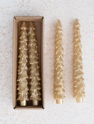 Gold Unscented Tree Shaped Taper Candles in Box, Set of 2