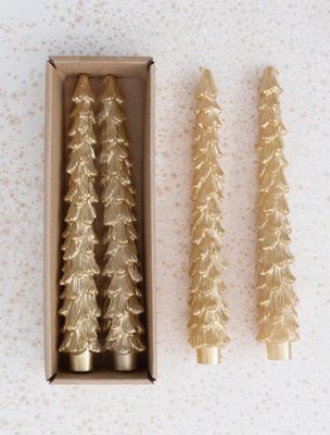 Gold Unscented Tree Shaped Taper Candles in Box, Set of 2