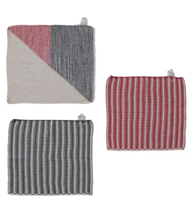 Cotton Knit Dish Cloths with Pattern, Red, White &amp; Grey, Set of 3, 10”x10”