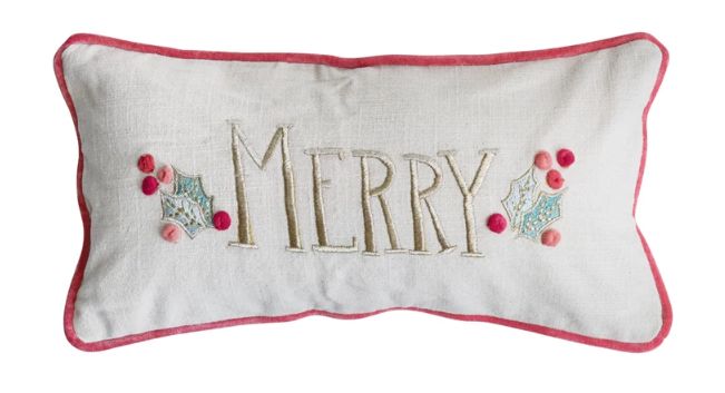 Merry Hand-Embroidered Lumbar Pillow with Pom Poms