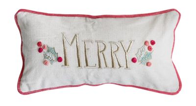 Merry Hand-Embroidered Lumbar Pillow with Pom Poms