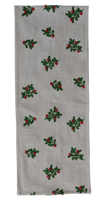 Table Runner with Embroidered Mistletoe Pattern &amp; Pom Poms, 72”L x 14”W