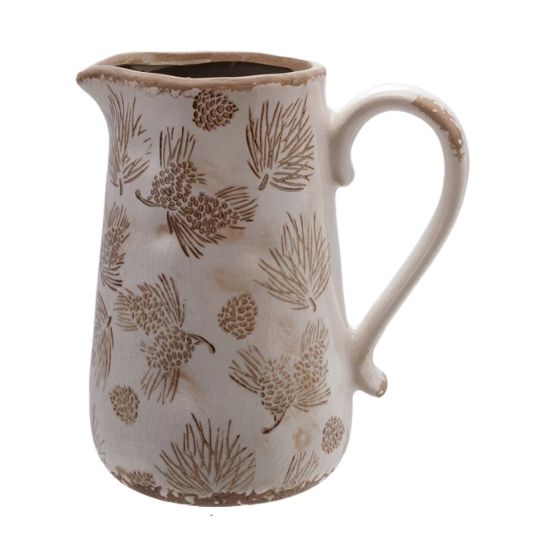 Decorative Stoneware Pitcher/Vase with Evergreen Boughs &amp; Pinecones