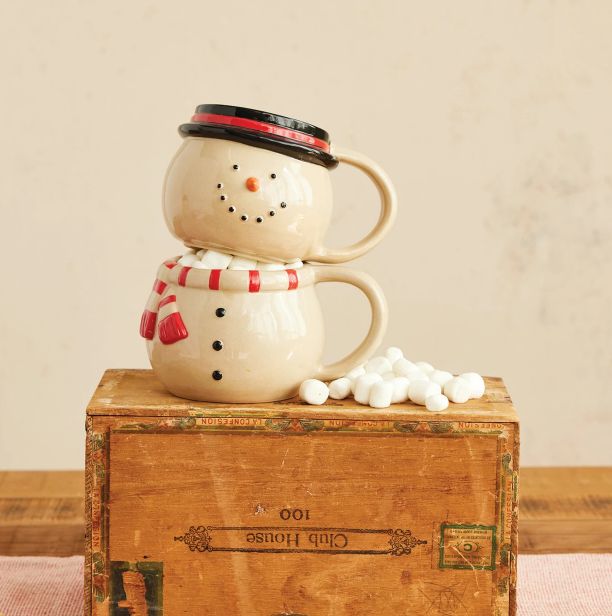 Hand-Painted Stoneware Stackable Snowman Mugs, Set of 2