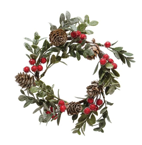 Faux Boxwood Wreath w/ Natural Pinecones &amp; Red Berries, Snow Finish, 4” Round