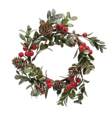 Faux Boxwood Wreath w/ Natural Pinecones &amp; Red Berries