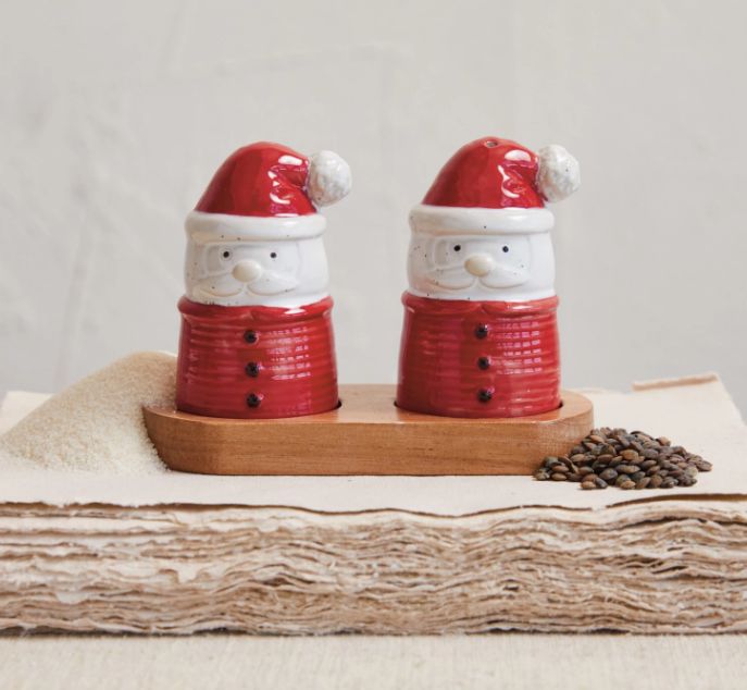 Stoneware Santa Shaped Salt &amp; Pepper Shakers w/ Acacia Wood Tray, Set of 3