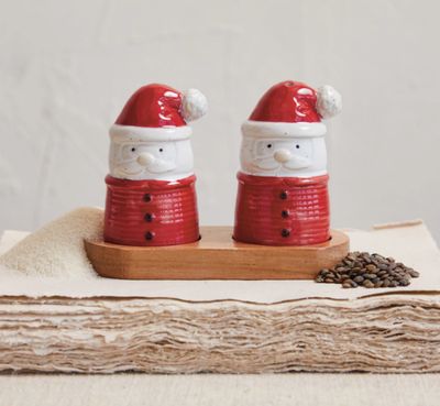 Stoneware Santa Shaped Salt &amp; Pepper Shakers w/ Acacia Wood Tray, Set of 3