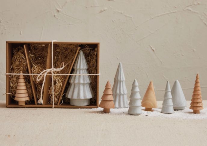 Stoneware &amp; Wood Christmas Trees, White &amp; Natural, Boxed Set of 9