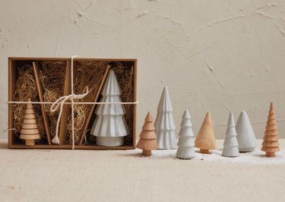 Stoneware &amp; Wood Christmas Trees, White &amp; Natural, Boxed Set of 9