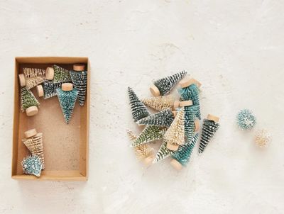 Plastic Bottle Brush Trees with Wood Bases - Boxed Set of 24