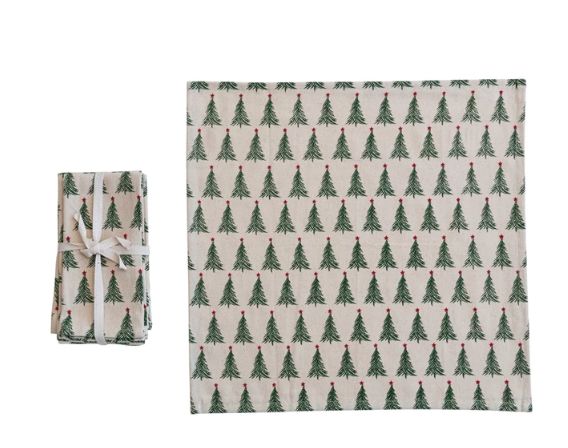 Stonewashed Cotton Printed Napkins w/ Christmas Tree Pattern