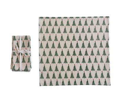 Stonewashed Cotton Printed Napkins w/ Christmas Tree Pattern