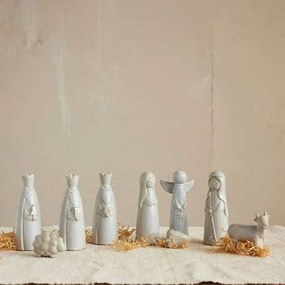 Stoneware Nativity Set, Reactive Glass, Set of 10